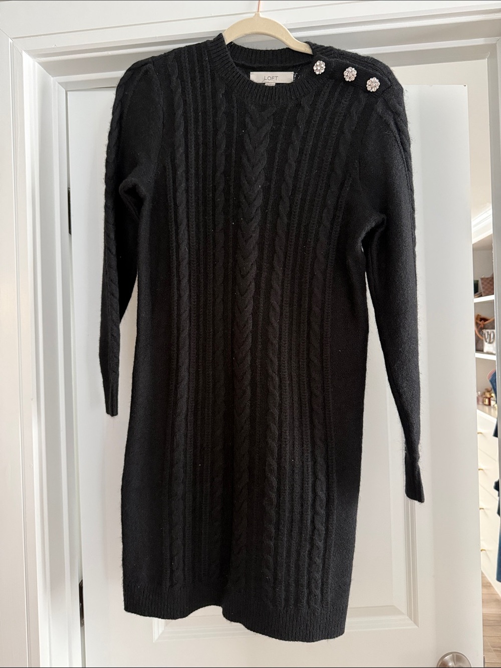 LOFT Black Cable-Knit Sweater Dress with Shoulder Button Detail
